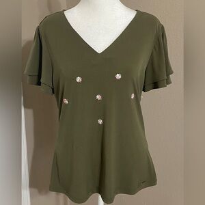 Calvin Klein Size M Olive Green Short Sleeve Blouse Pink Embroidered Roses